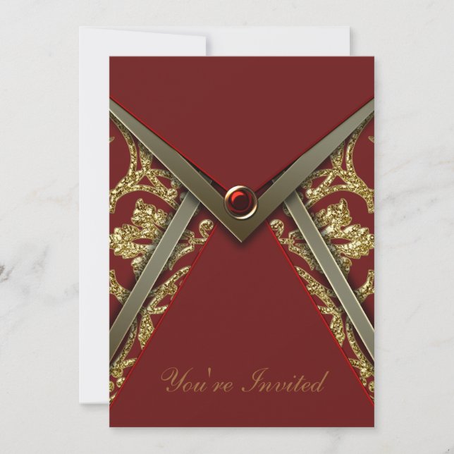 Red Damask Gold-Party Einladung (Vorderseite)