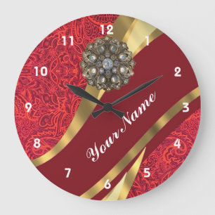 Red damask & gold swirl große wanduhr