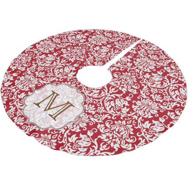 Red Damask Lace Print Monogram Initial Tree Skirt Polyester Weihnachtsbaumdecke (Schrägansicht)