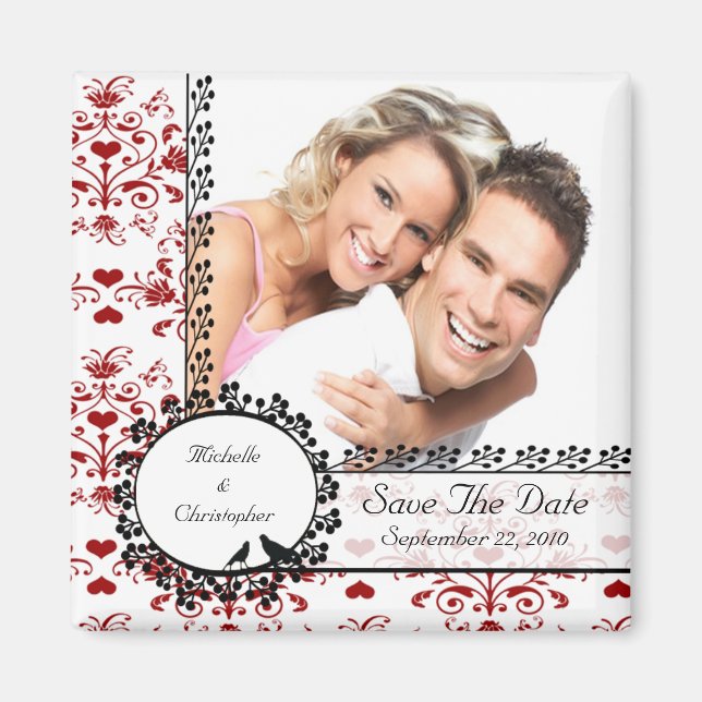 Red Damask Love Birds Foto Speichern das Date Magn Magnet (Vorne)