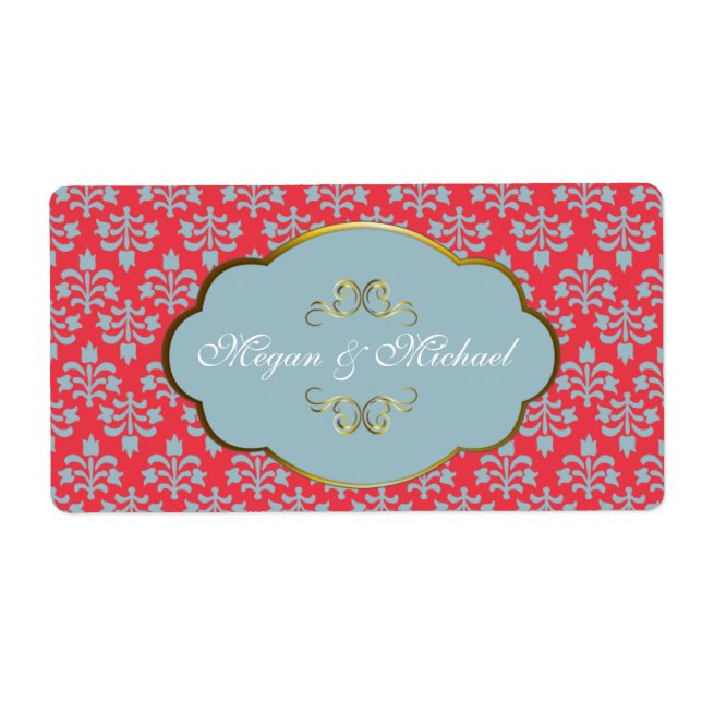 Red Damask mit goldenem Rahmen Hochzeitslabel (Vorne)