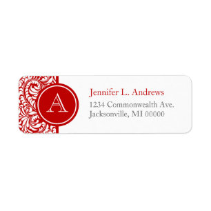 Red Damask Monogram Rücksendeadressen-Aufkleber