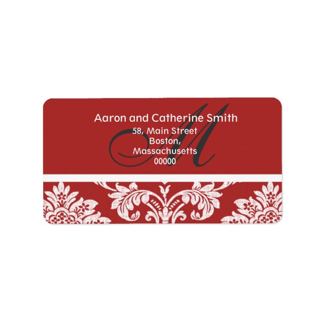 Red Damask Monogram Wedding Address Labels Adressaufkleber (Vorne)