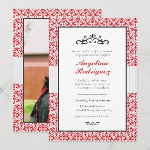 Red Damask Pattern Foto Abschluss Einladung