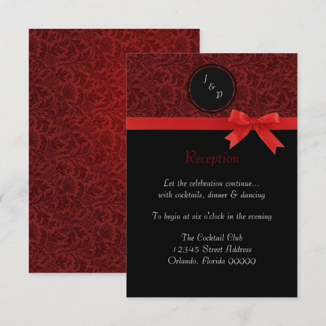 Red Damask & Red Bow - Empfang Einladung (Vorne/Hinten)