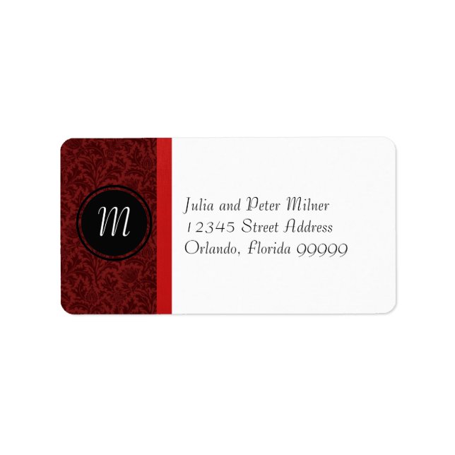 Red Damask & Red Bow Monogram - Address Label Adressaufkleber (Vorne)
