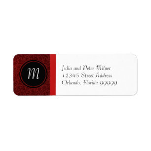 Red Damask & Red Bow Monogram Return Address Label