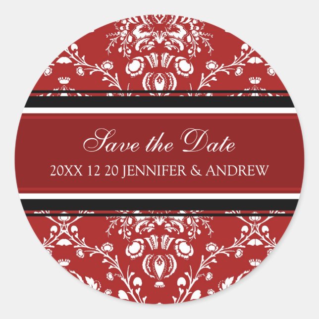 Red Damask Save the Date Winter Wedding Stickers (Vorderseite)