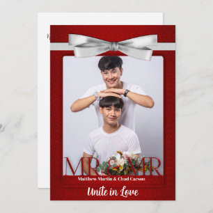 Red Damask Two Grooms Foto Wedding Einladung