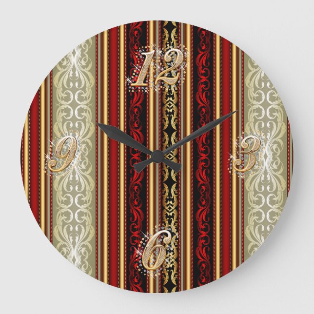 Red Damask und Gold Wall Clock Große Wanduhr (Vorderseite)