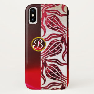 RED DAMASK VELVET TULIPS MONOGRAM Burgund White iPhone X Hülle