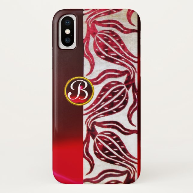 RED DAMASK VELVET TULIPS MONOGRAM Burgund White Case-Mate iPhone Hülle (Rückseite)