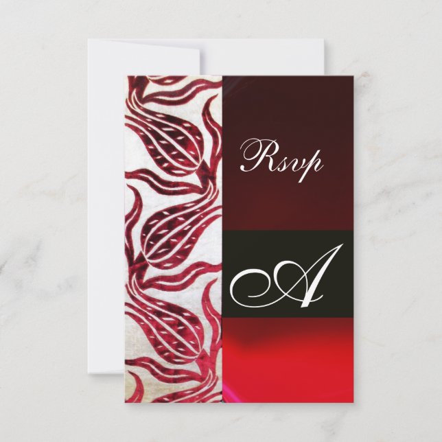 RED DAMASK VELVET TULIPS MONOGRAM Burgund White RSVP Karte (Vorderseite)