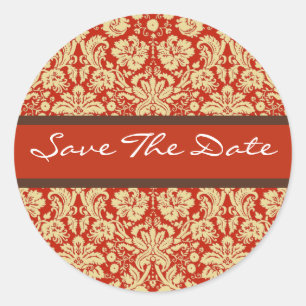 Red Damask Wedding Save the Date Sticker