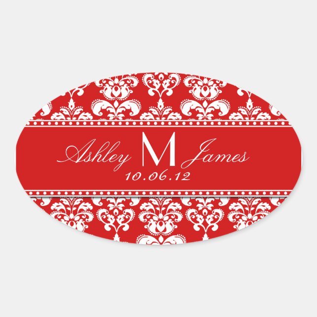 Red Damask Wedding Wine Label Oval Ovaler Aufkleber (Vorderseite)