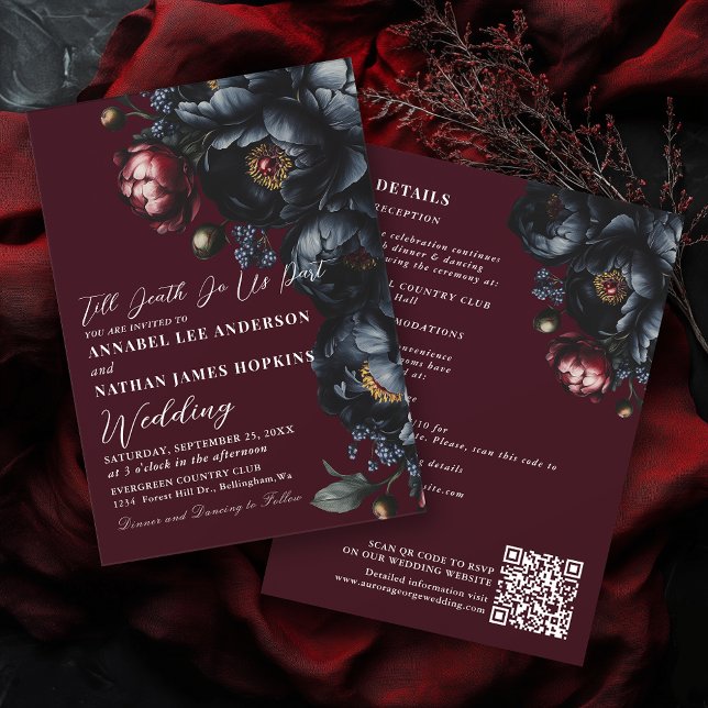 Red Dark Moody Peony Gothic Wedding QR Code Einladung (Von Creator hochgeladen)