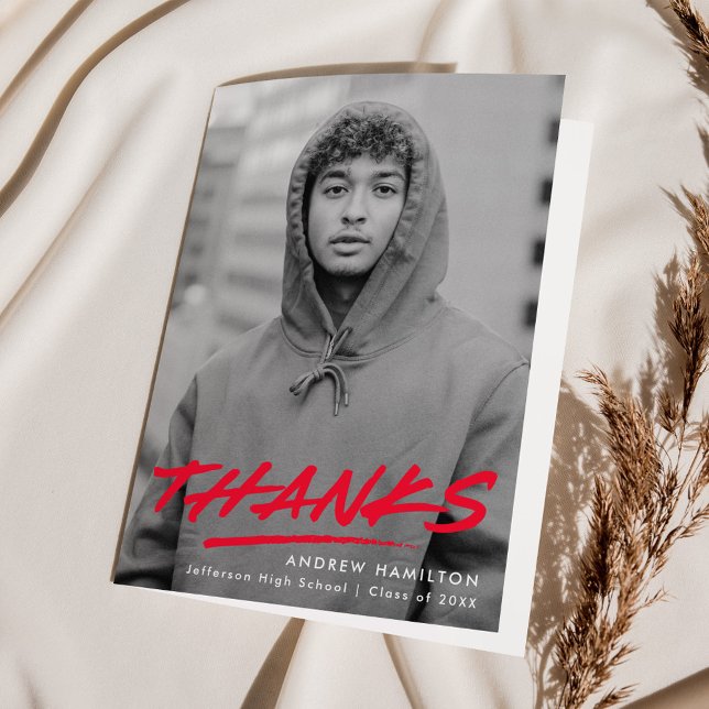 Red Dashed Modern Foto Abschluss Dankeskarte (Von Creator hochgeladen)