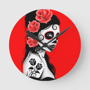 Red Day of the Dead Sugar Skull Girl Runde Wanduhr