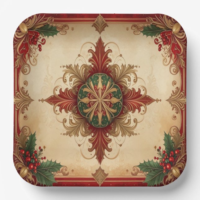 Red Decorative Christmas Holiday Paper Plate Pappteller (Vorderseite)