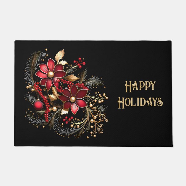 Red Decorative Flowers Holiday Doormat Fußmatte (Vorderseite)