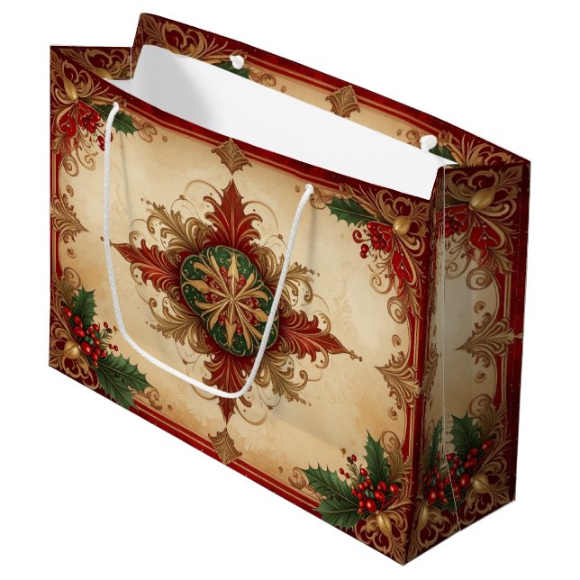 Red Decorative Holiday Gift Bag Große Geschenktüte (Vorderseite Schrägansicht)
