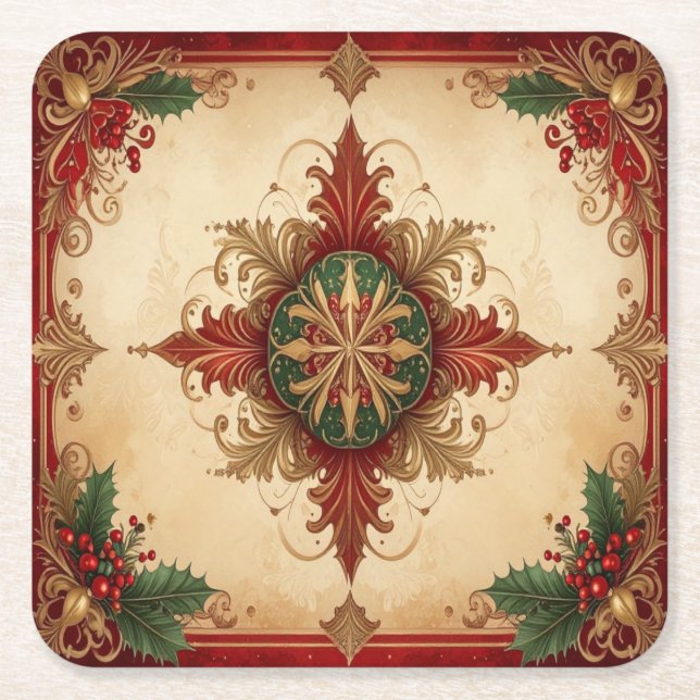 Red Decorative Holiday Paper Coaster Rechteckiger Pappuntersetzer (Vorderseite)
