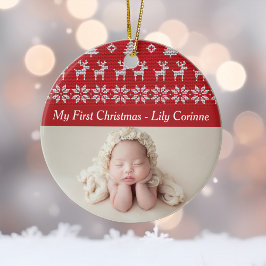 Red Deer Tree Pattern Baby's 1st Christmas Foto Keramik Ornament