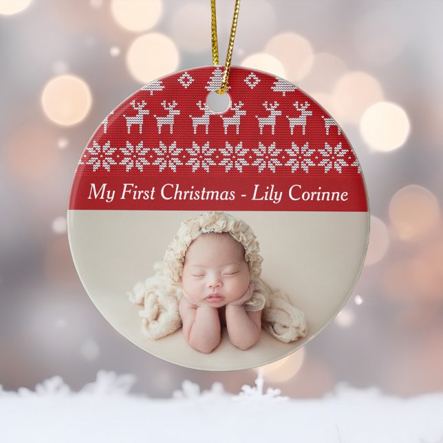 Red Deer Tree Pattern Baby's 1st Christmas Foto Keramik Ornament (Von Creator hochgeladen)