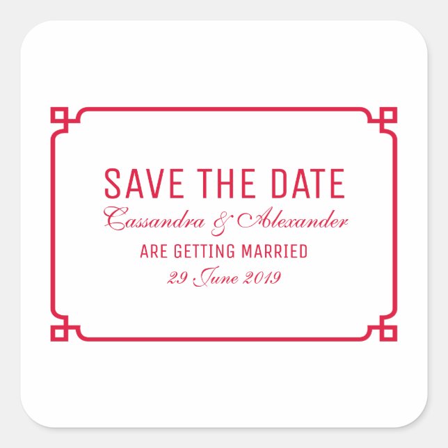 Red Deko Chic Save the Date Quadratischer Aufkleber (Vorderseite)