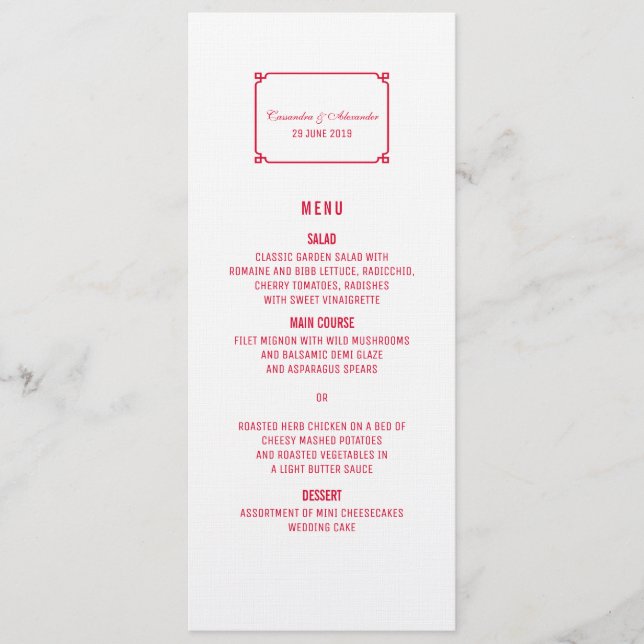 Red Deko Chic Wedding Menu Menükarte (Vorderseite)