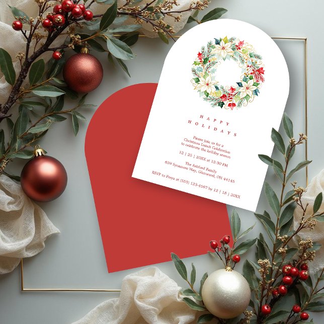 Red Delicate Chic Winter Christmas Wreath Party Einladung (Delicate Chic Winter Christmas Wreath Holiday Party Invitations Cards in Digital Watercolor Style. )