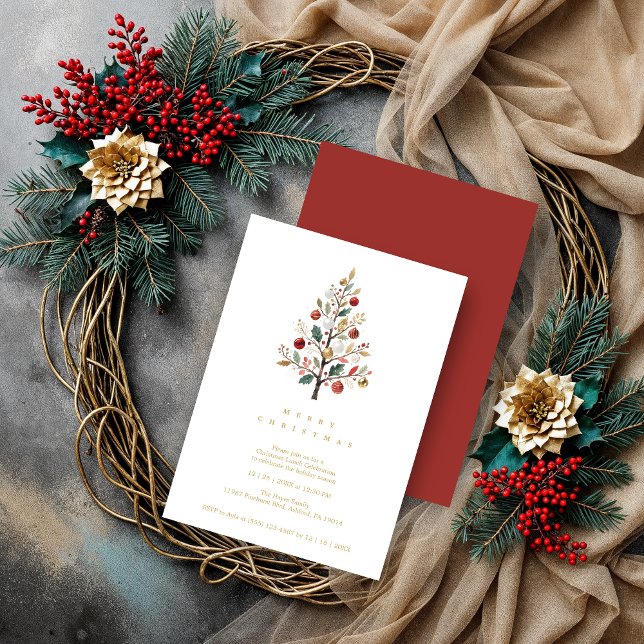 Red Delicate Minimalist Chic Winter Christmas Tree Einladung (Minimalist Chic Winter Christmas Tree Holiday Party Invitations Cards in Digital Watercolor Style.)
