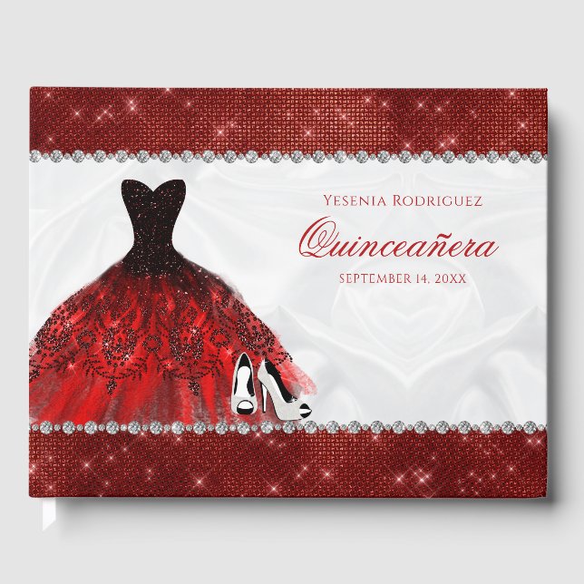 Red Diamond Sparkle Glam Quinceañera Gästebuch (Vorderseite)