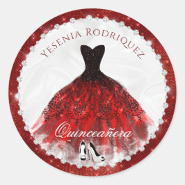 Red Diamond Sparkle Glam Quinceañera Runder Aufkleber