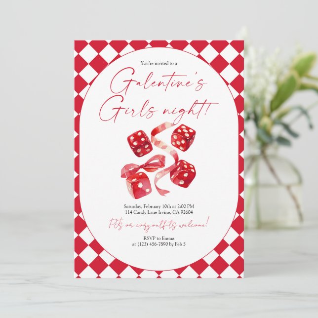 Red Dice & Ribbon Galentine’s Girls Night Party Einladung (Stehend Vorderseite)