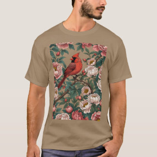 Red dinal Bird and Peony Flowers T-Shirt