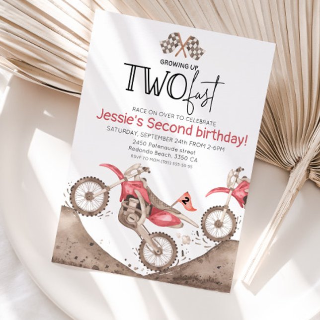 Red Dirt Bike 2nd birthday - Growing up two fast Einladung (Red dirt bike birthday invitation, growing up two fast)