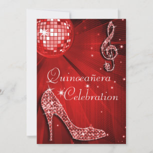 Red Disco Ball und Sparkle Heelse Quinceañera Einladung