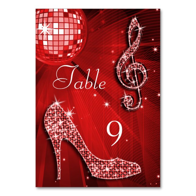 Red Disco Ball und Stiletto Shoe Doppelseitig Tischnummer (Rückseite)