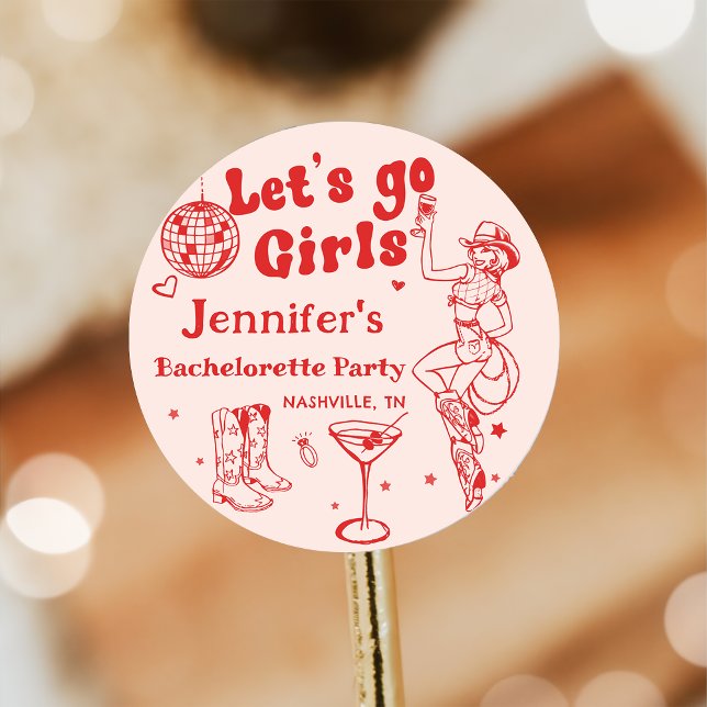 Red Disco Cowgirl Rodeo Junggeselinnen-Abschied Runder Aufkleber (Von Creator hochgeladen)