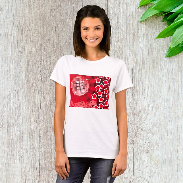 Red Disco Party Thema mit Sternen und Glitzer Ball T-Shirt (Von Creator hochgeladen)
