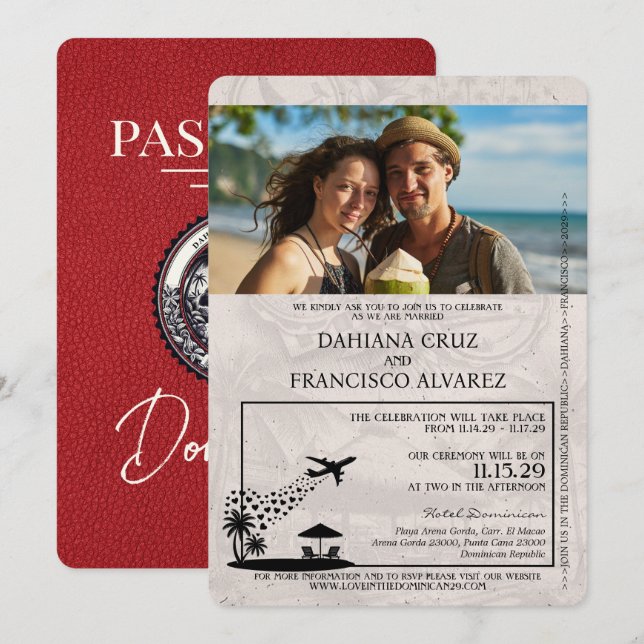 Red Dominikanische Republik Passport Wedding Einladung (Vorne/Hinten)