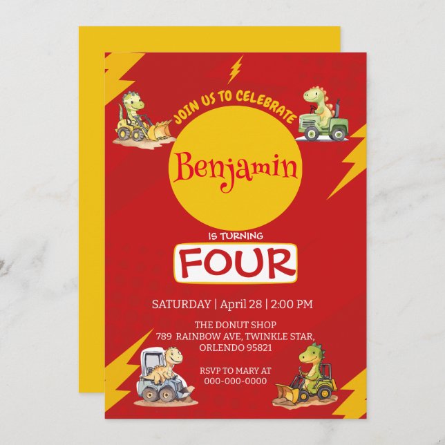 RED Donner Niedlich Dinosaurier Traktorschule Gebu Einladung (Vorne/Hinten)