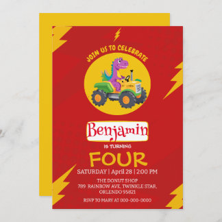 RED Donunder Niedlich Dinosaurier LKW Schule Gebur Einladung