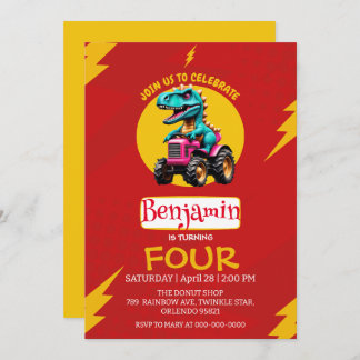 RED Donunder Niedlicher Dinosaurier Bauer LKW Gebu Einladung