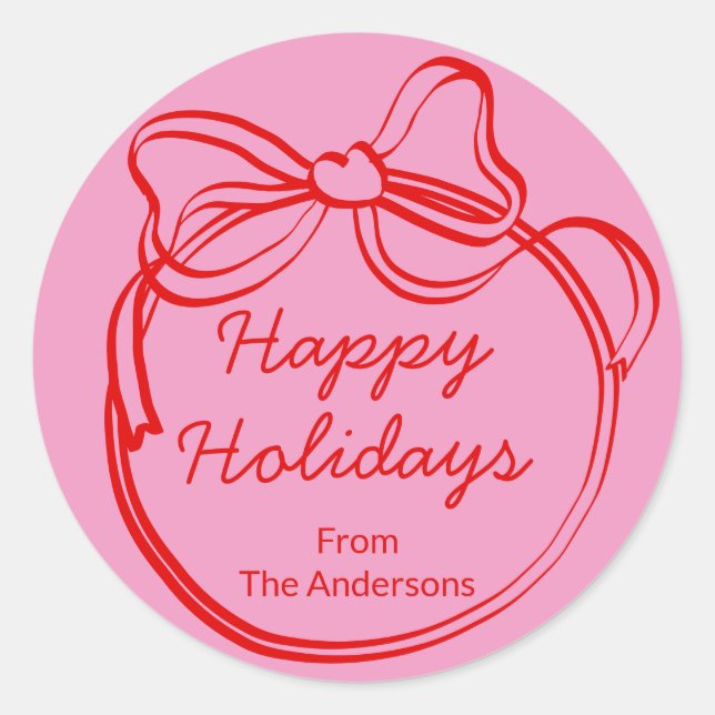 Red Doodle Bow Frame Custom Holiday Runder Aufkleber (Vorderseite)