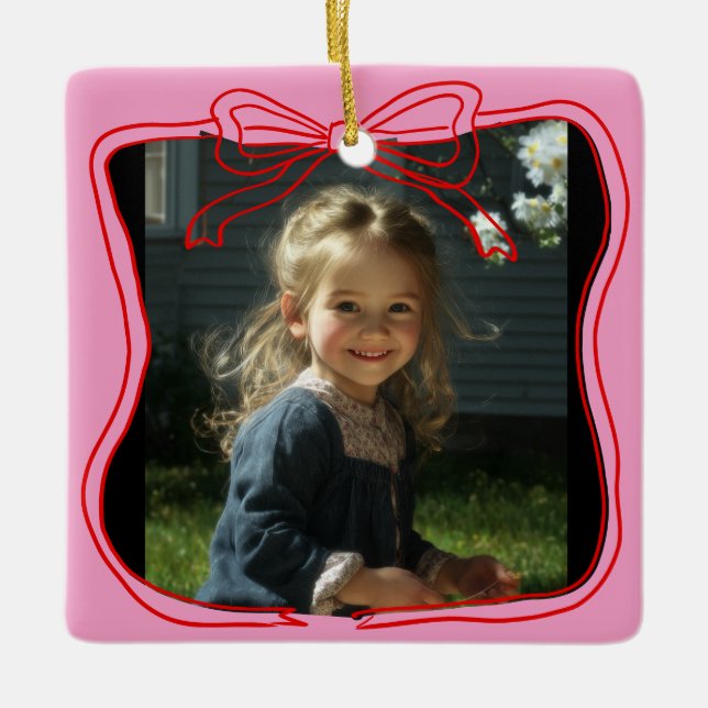 Red Doodle Bow Frame Custom Photo Keramikornament (Vorderseite)