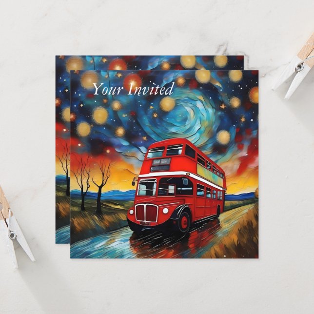 Red Double Decker Bus bei einer starren Nacht, Einladung (Vorderseite/Rückseite Beispiel)