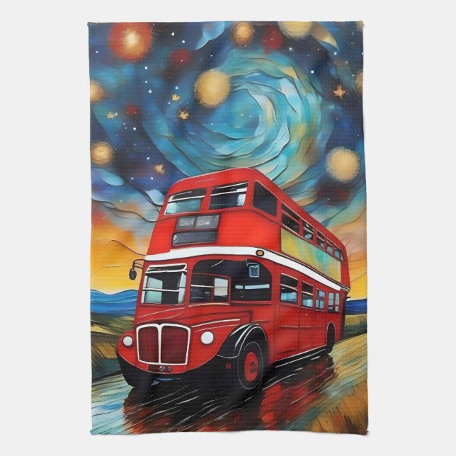 Red Double Decker Bus bei einer starren Nacht, Geschirrtuch (Vertikal)