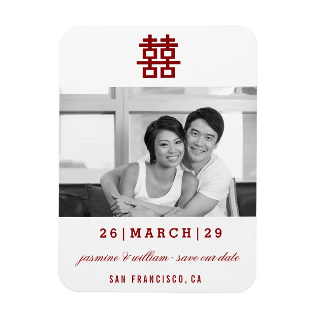 Red Double Happy Foto Chinesisch Save the Date Magnet (Vertikal)